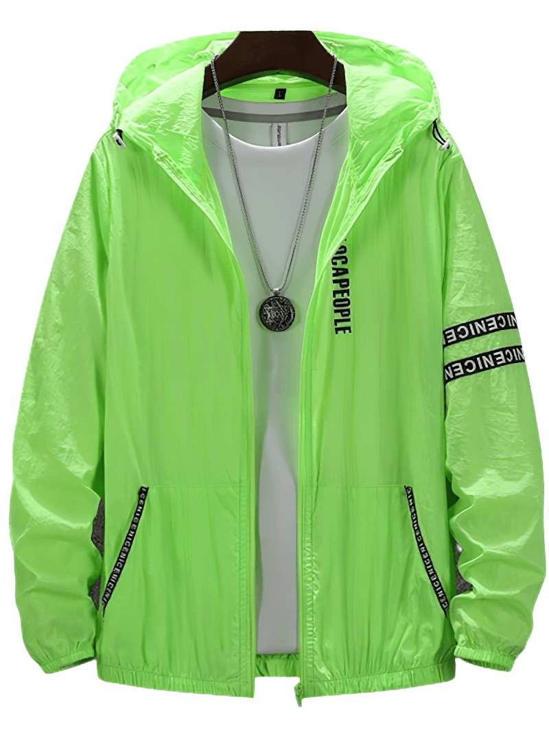 Neon green UV sun protection hooded windbreaker, ultra-light sports jacket with full sleeves and a stylish design, hanging on display.
